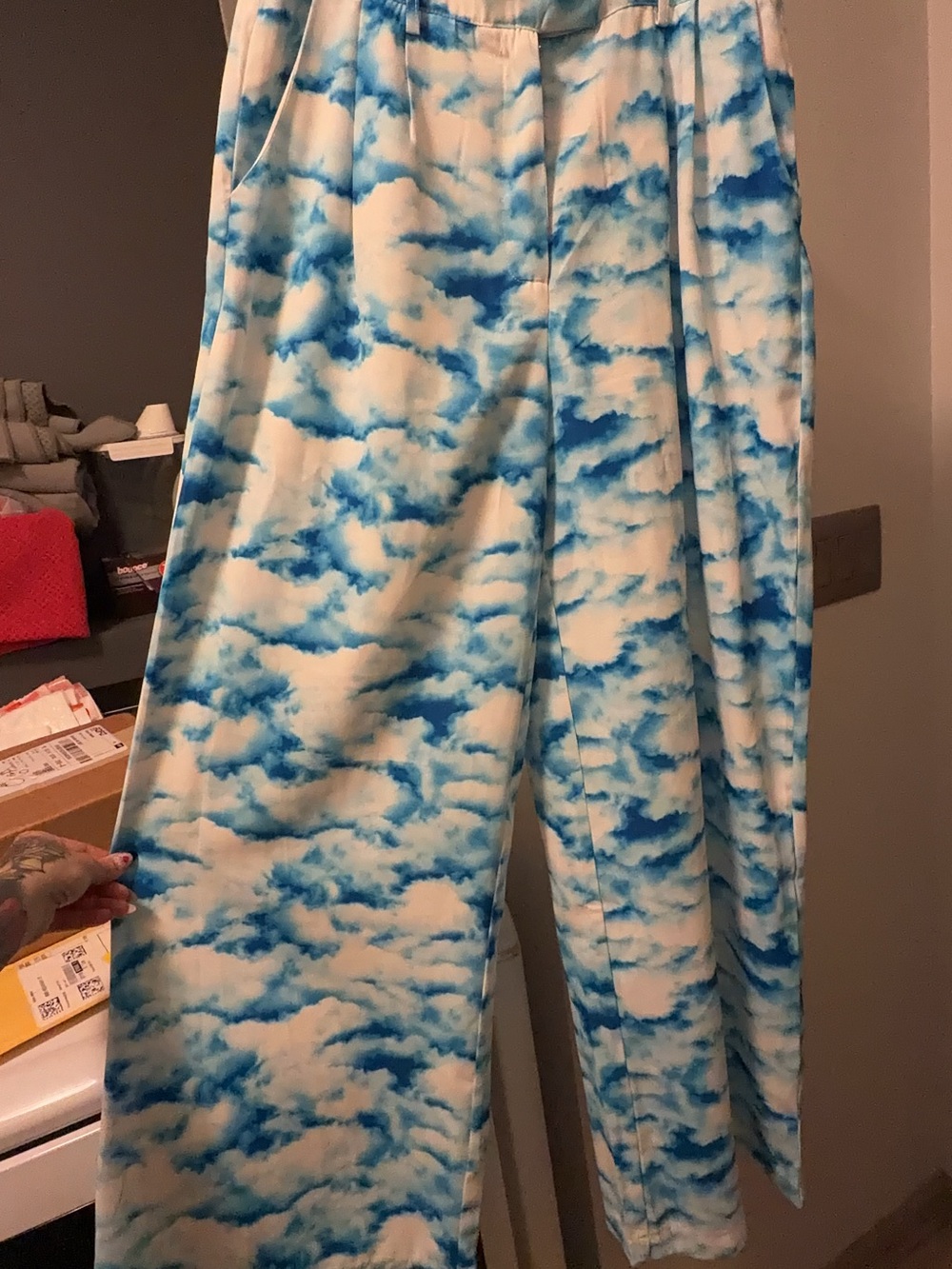 Dressed in LALA Blue and White Cloud Print Wide-Leg Trousers